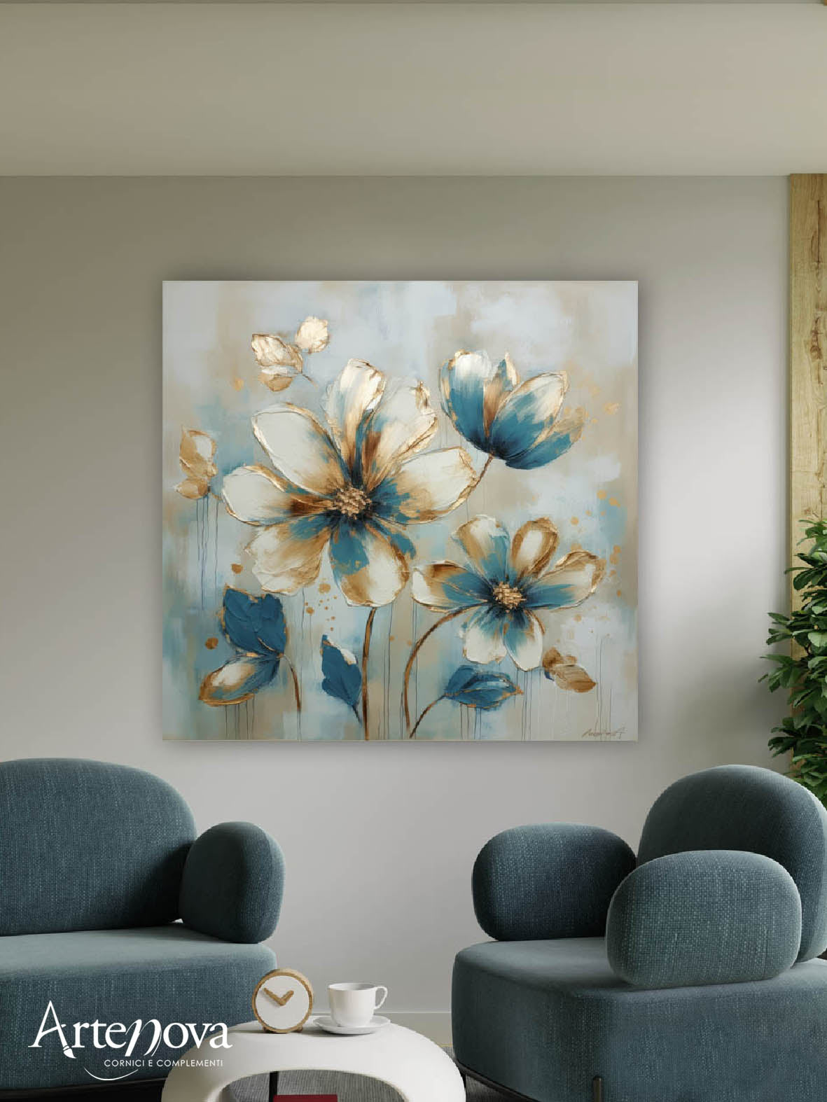 Quadro moderno floreale Blue & Gold Flowers