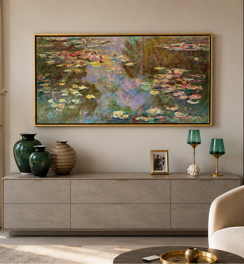 Quadro moderno Claudio Monet Nifee materico e  cornice oro