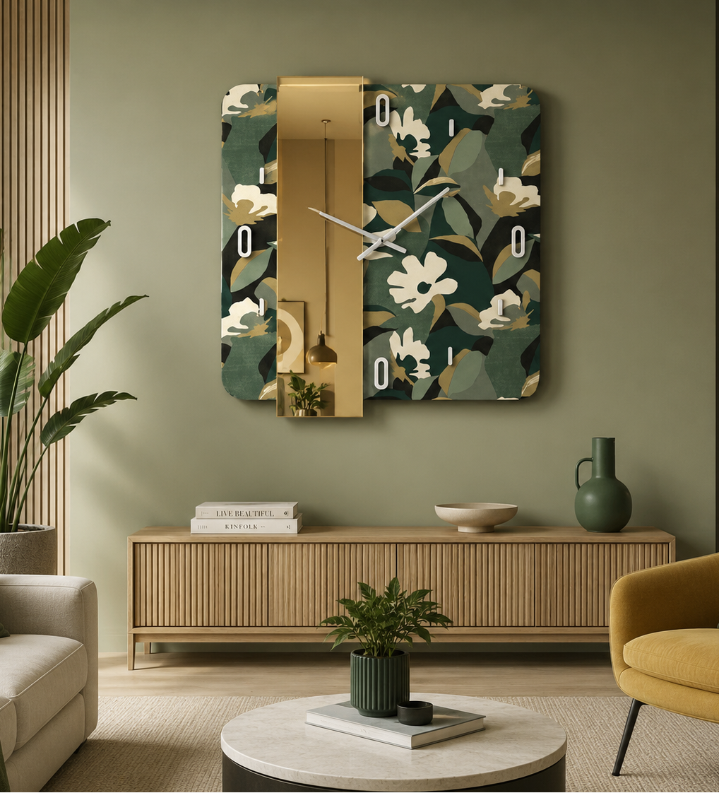Orologio da Parete Abitarte  Moderno Linear  Floreale Verde con Specchio Oro